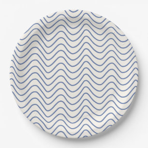 Chevron Pattern Minimal Line Blue on Cream White Paper Plate