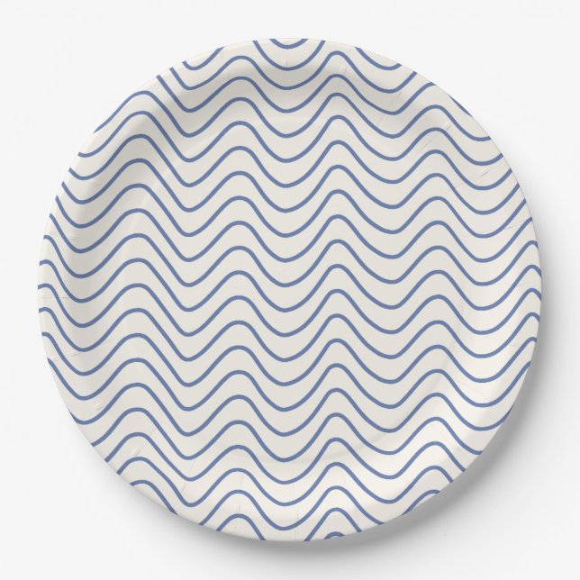 Chevron Pattern Minimal Line Blue on Cream White Paper Plate (Front)
