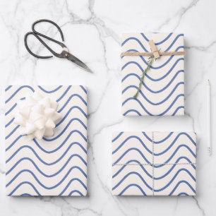 Chevron Pattern Minimal Line Blue on Cream White Wrapping Paper Sheet