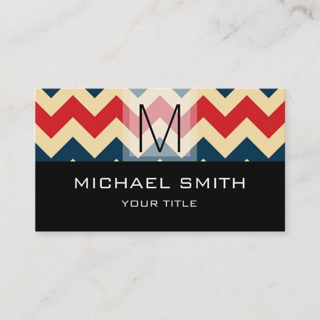 Chevron Pattern Modern Black Monogram #10 Business Card (Front)