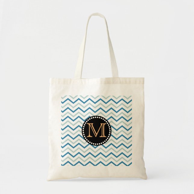 Chevron Pattern Monogram Sea Blue Grey Tote Bag (Front)