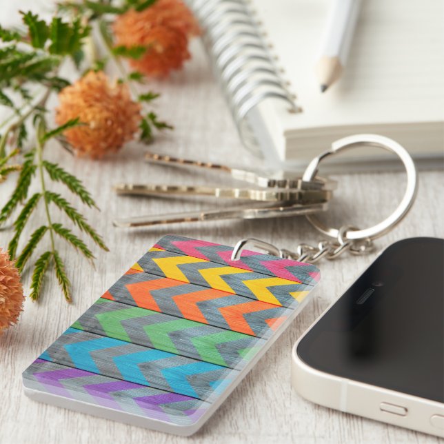 Chevron Pattern On Wood Texture by Shirley Taylor Key Ring (Front Right)