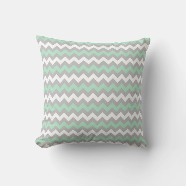 CHEVRON PATTERN PILLOW, Mint Green, Grey & White Cushion (Front)