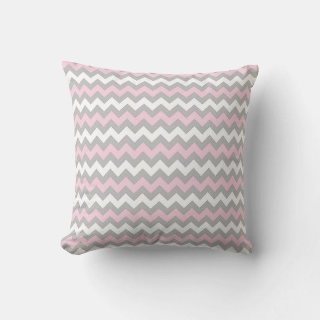 CHEVRON PATTERN PILLOW, Pink Grey & White Cushion (Front)