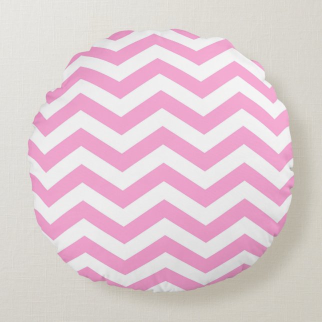 Chevron Pattern Pink and White Round Cushion (Front)