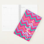 Chevron Pattern script name 6 photos back hot pink Planner<br><div class="desc">A design with an upscale hot pink and colourful chevron background. Use up to six square photos to create a unique and personal gift. If you need to adjust the pictures,  click on the customise tool to make changes.</div>