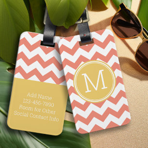 Chevron Pattern Single Monogram - Coral and Lemon Luggage Tag
