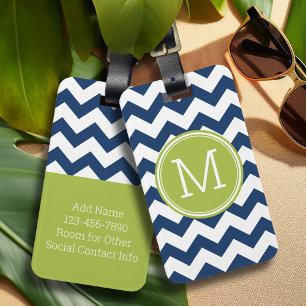 Chevron Pattern Single Monogram - Navy Lime Luggage Tag