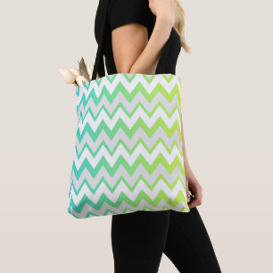 Chevron pattern stripes lime teal aqua ombre tote bag