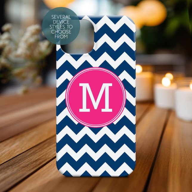 Chevron Pattern Triple Monogram - Navy Magenta iPhone 16 Case (Personalized Phone Case with Monogram)