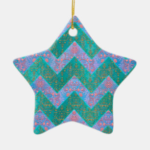 Chevron Pattern Turquoise Purple Blue Damask Ceramic Tree Decoration