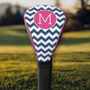 Chevron Pattern with Monogram - Navy Hot Pink Golf Head Cover