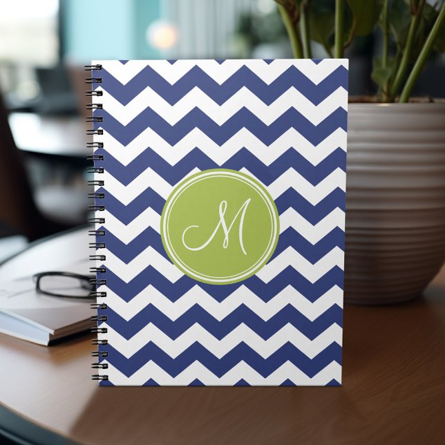 Chevron Pattern with Monogram - Navy Lime Notebook (Personalized notebook - add your name or other text)