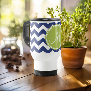 Chevron Pattern with Monogram - Navy Lime Travel Mug
