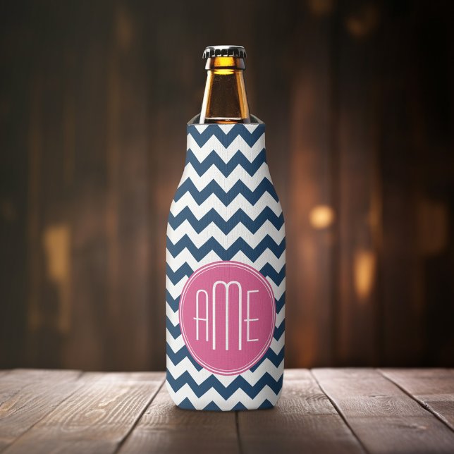 Chevron Pattern with Monogram - Navy Magenta Bottle Cooler (Personalized Bottle Cooler - Add Name or Custom Text)