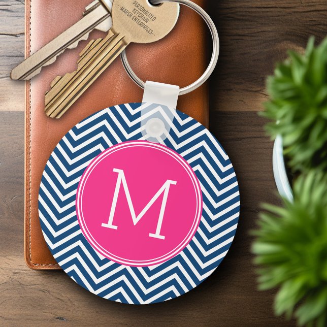 Chevron Pattern with Monogram - Navy Magenta Key Ring (Personalized Keychain - Add Name or Monogram)