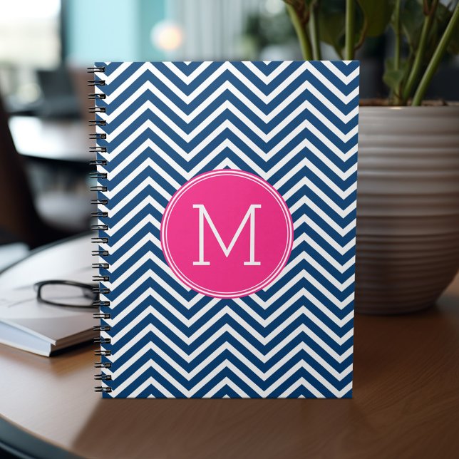 Chevron Pattern with Monogram - Navy Magenta Notebook (Personalized notebook - add your name or other text)