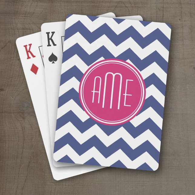 Chevron Pattern with Monogram - Navy Magenta Playing Cards (Personalized Playing Cards)