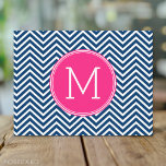 Chevron Pattern with Monogram - Navy Magenta Postcard<br><div class="desc">A popular design with an area to add your initials. Trendy colours and patterns for your phone. If you need to adjust the monograms,  click on the customise button and make changes.</div>
