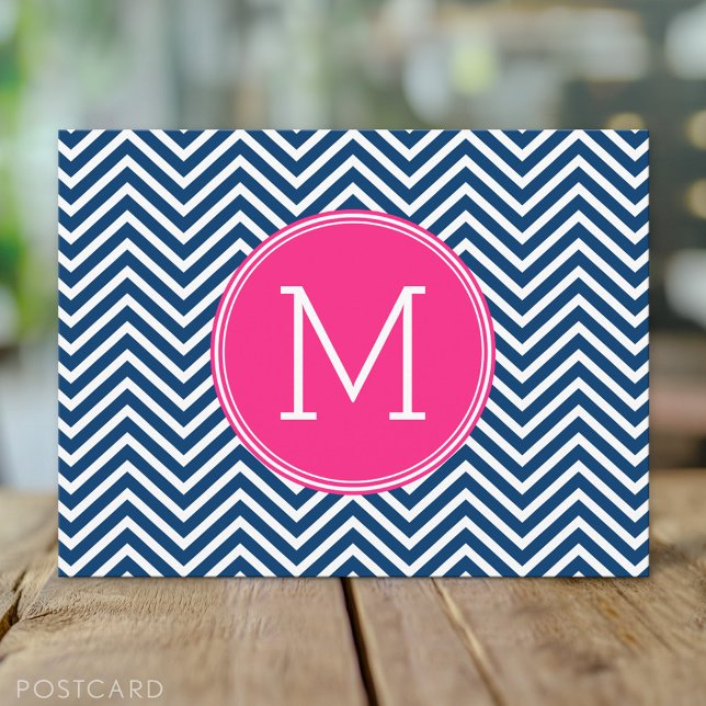Chevron Pattern with Monogram - Navy Magenta Postcard (Creator Uploaded)