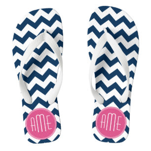 Chevron Pattern with Monogram - Navy Magenta Thongs
