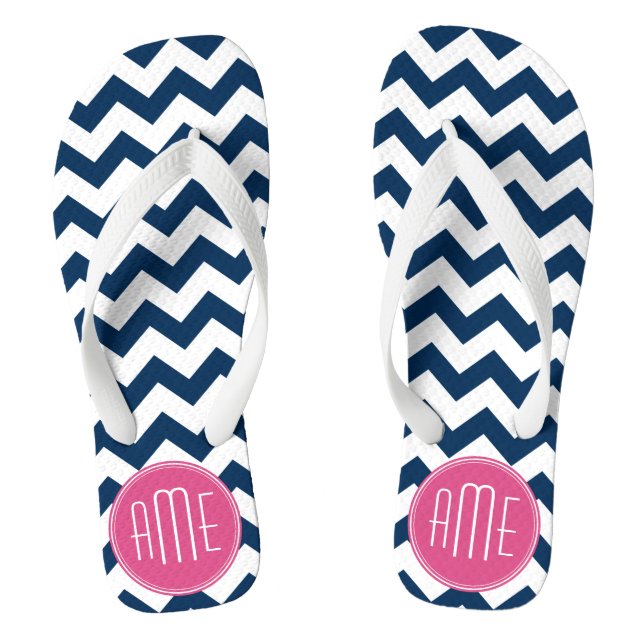Chevron Pattern with Monogram - Navy Magenta Thongs (Footbed)