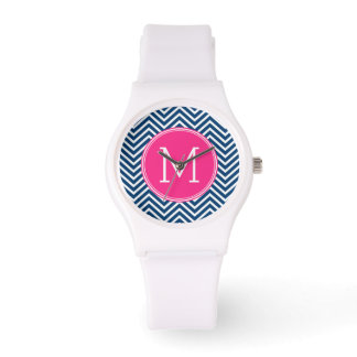 Chevron Pattern with Monogram - Navy Magenta Watch