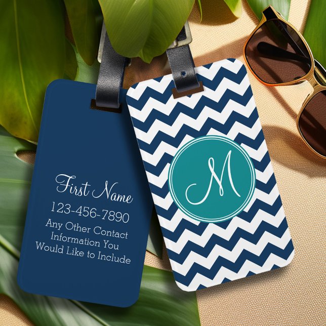Chevron Pattern with Monogram - Navy Teal Luggage Tag (Personalized Luggage Tag)