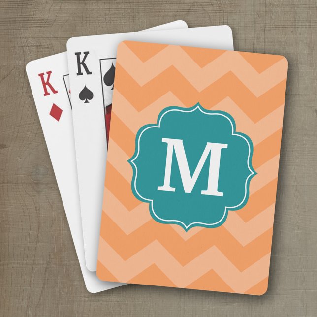 Chevron Pattern with Monogram - Teal Blue & Orange Playing Cards (Personalized playing cards with an area for text such as a name or monogram)