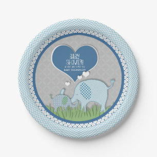 Chevron Patterned Elephant Hearts Baby Boy Shower Paper Plate
