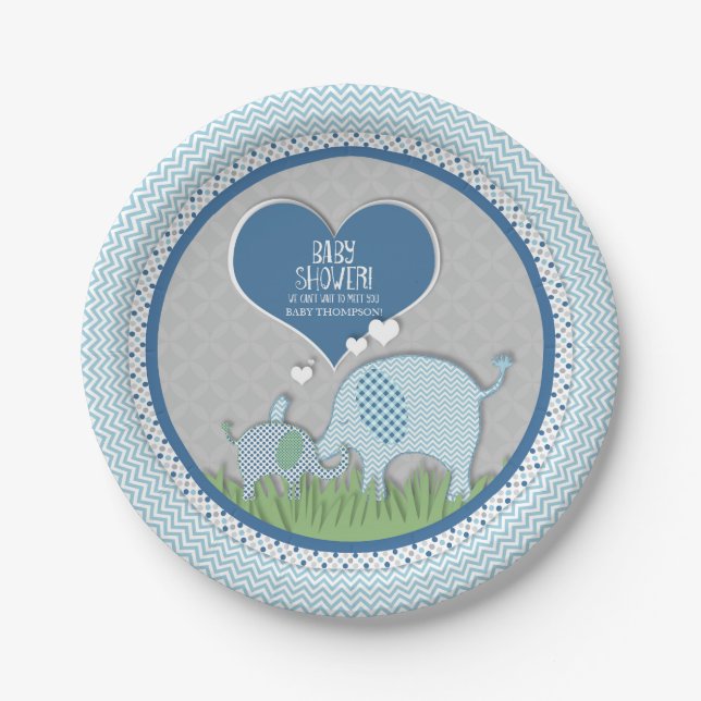 Chevron Patterned Elephant Hearts Baby Boy Shower Paper Plate (Front)