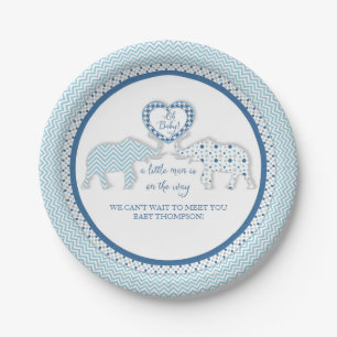 Chevron Patterned Elephants w Heart Oh Baby Boy Paper Plate