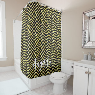 Chevron Personalised Name in Black and Gold Shower Curtain