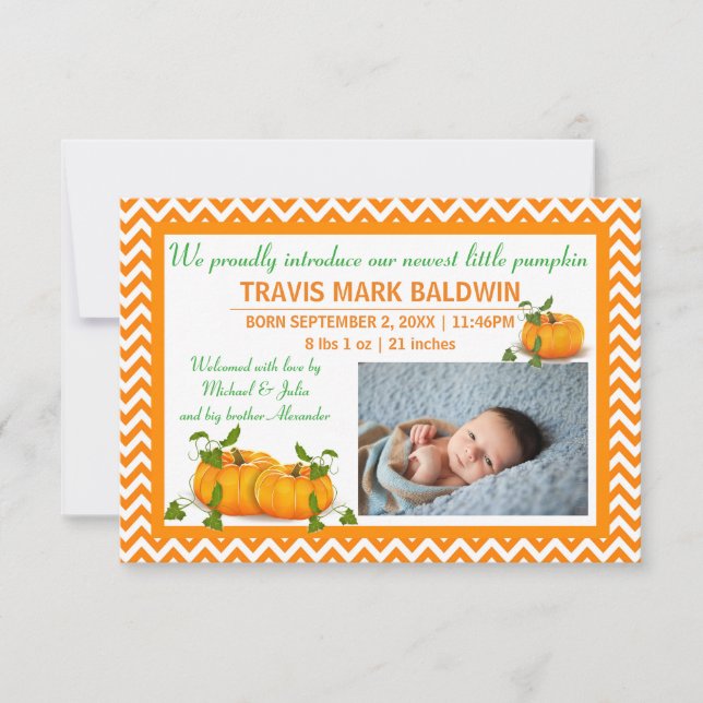Chevron Photo Pumpkin - 3x5 Birth Announcement (Front)