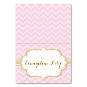 Chevron Pink and Gold Tent Table Card