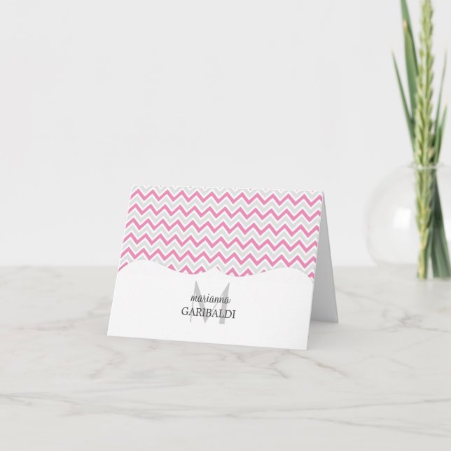 Chevron Pink and Modern Personalised Note Card (Front)