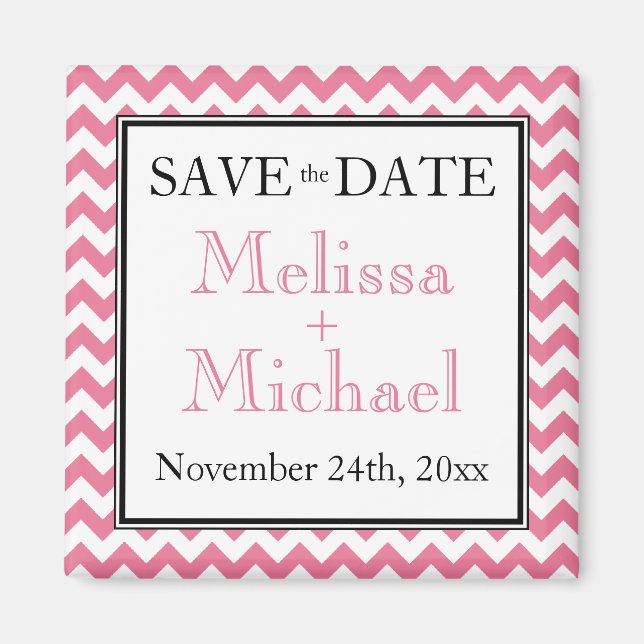 Chevron Pink & White Save the Date magnet (Front)