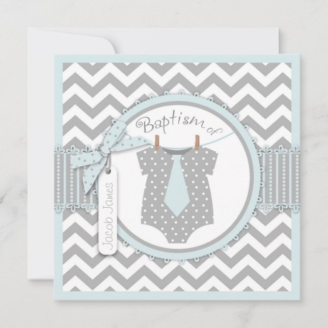 Chevron Print and Tie Baptism Invitation SQ-BLGY (Front)