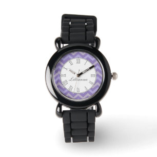 Chevron purple and grey print name wrist watch