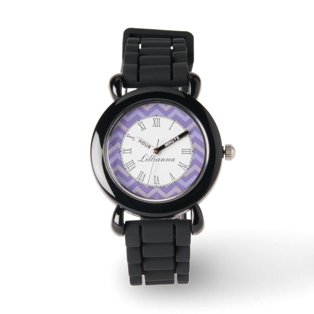 Chevron purple and grey print name wrist watch (Front)