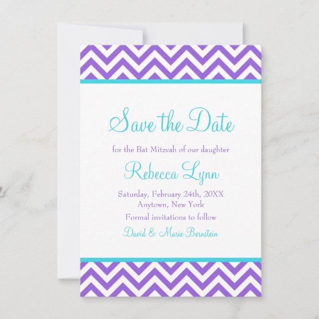 Chevron Purple Teal Blue Bat Mitzvah Save the Date (Front)