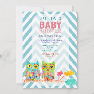 Chevron Rainbow Owls in Tree Baby Shower Invite