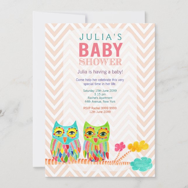 Chevron Rainbow Owls in Tree Baby Shower Invite (Front)