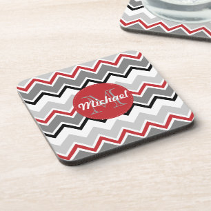Chevron Red Grey Black Monogrammed Circle Stitches Coaster