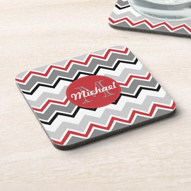 Chevron Red Grey Black Monogrammed Circle Stitches Coaster (Left Side)