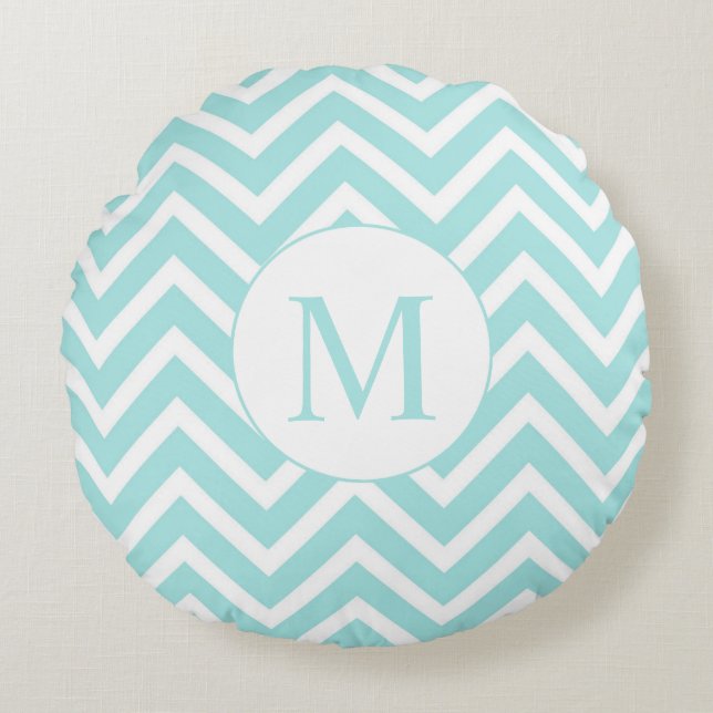 Chevron Round Monogram Pillow, Seafoam & White Cushion (Front)