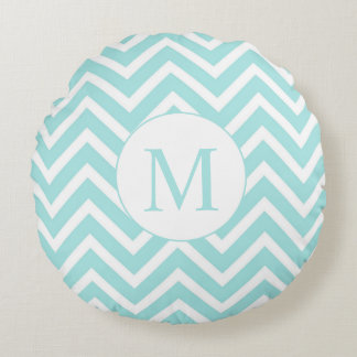 Chevron Round Monogram Pillow, Seafoam & White Round Cushion