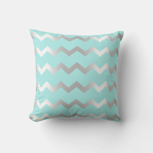 Chevron Silver Grey Aqua Water Metalic Lines Cushion