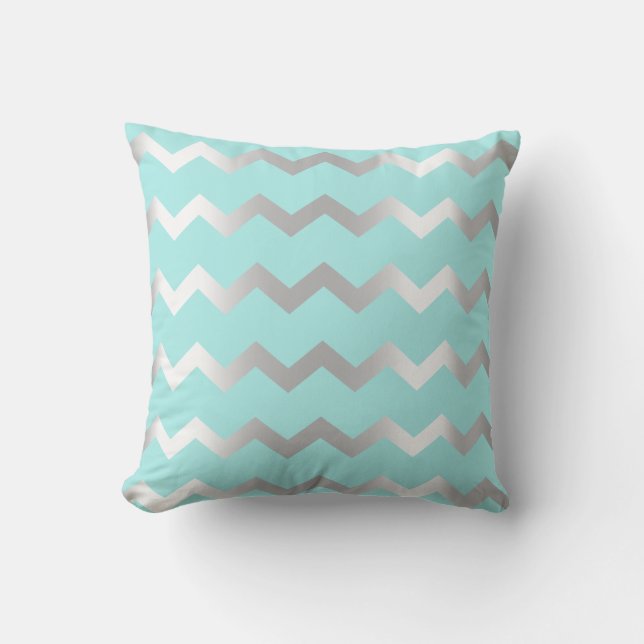 Chevron Silver Grey Aqua Water Metalic Lines Cushion (Front)