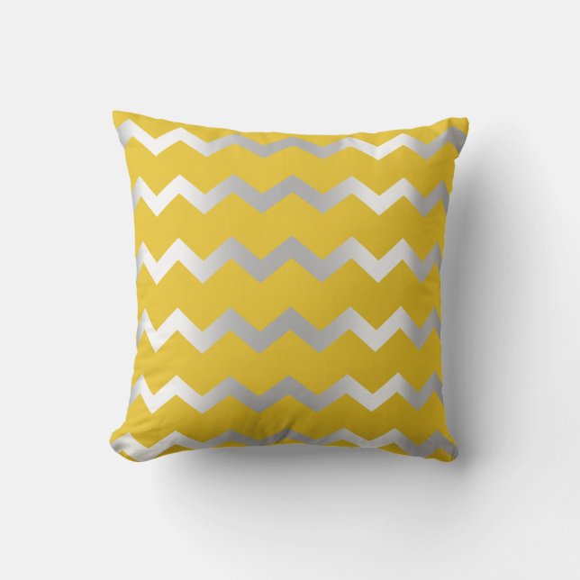 Chevron Silver Grey Graphite Yellow Metall Lines Cushion (Front)